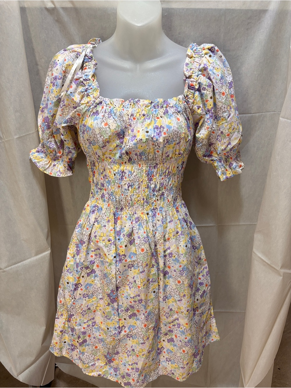 Levi's Yellow Multi Floral Puff-Sleeve Smocked Mini Dress